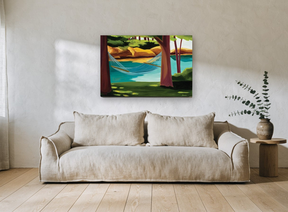 Hammock by the Lake landscape canvas print on the wall of a living room