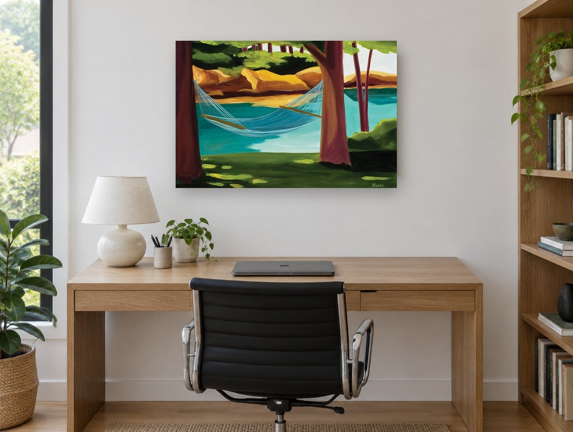 Hammock by the Lake landscape canvas print on the wall of a study