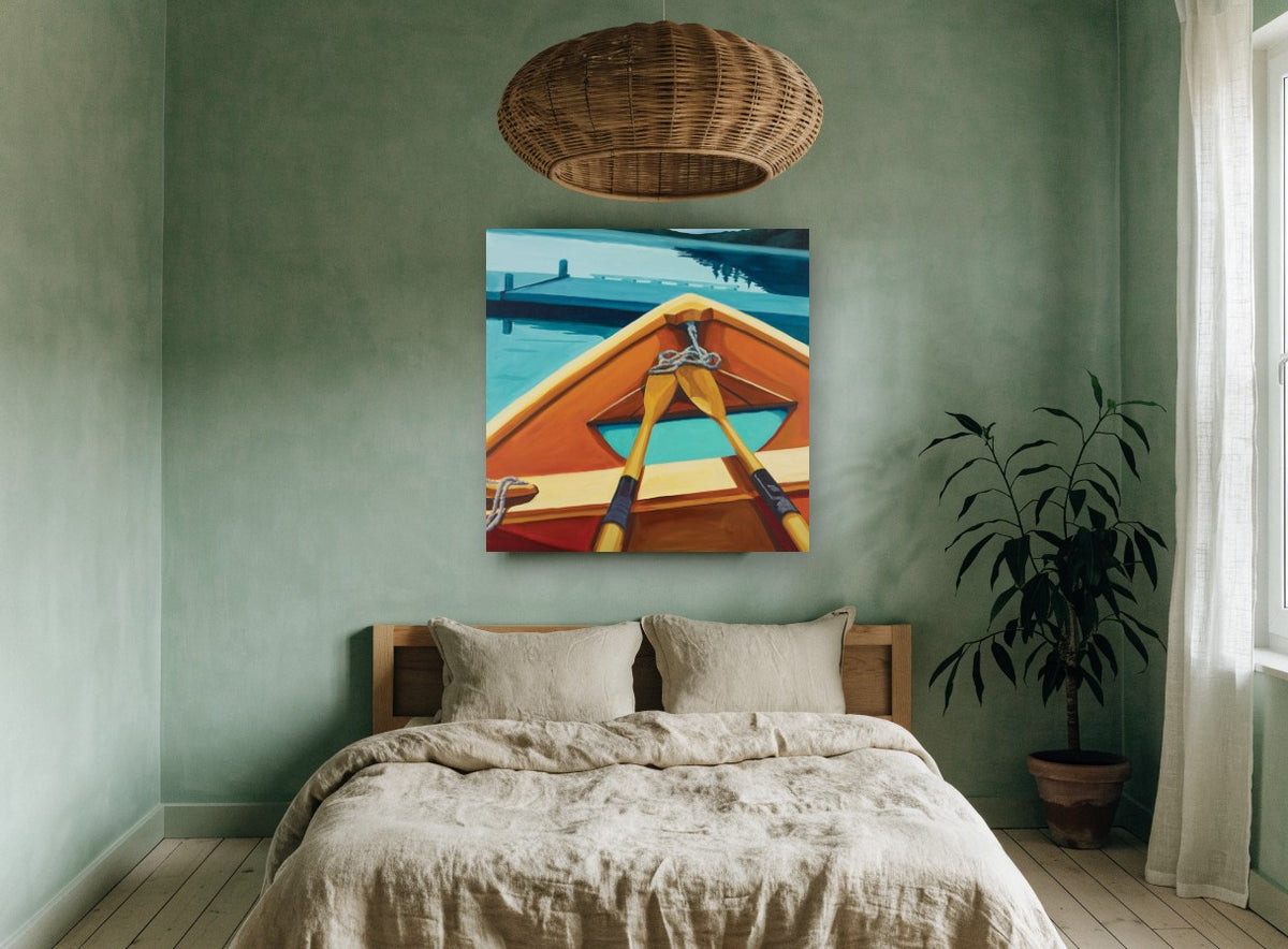 Orange Rowboat Bow landscape canvas print on the wall of a bedroom