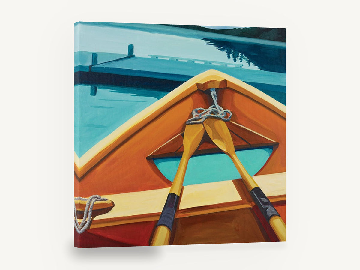 Orange Rowboat Bow, orange rowboat bow lake painting, landscape canvas wall art print ready to hang