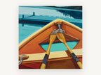 Orange Rowboat Bow, orange rowboat bow lake painting, landscape canvas wall art print, front view