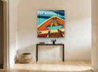 Orange Rowboat Bow landscape canvas print on the wall of a hallway