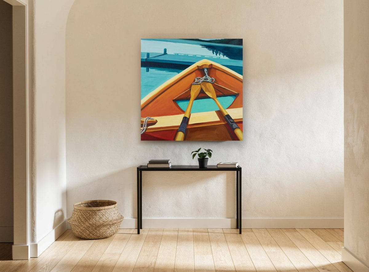 Orange Rowboat Bow landscape canvas print on the wall of a hallway