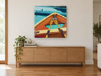 Orange Rowboat Bow landscape canvas print on the wall of a living room above a sideboard