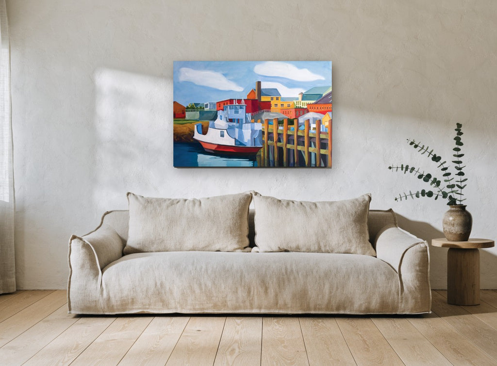 Red Hull Harbour Ferry coastal canvas print on the wall of a living room