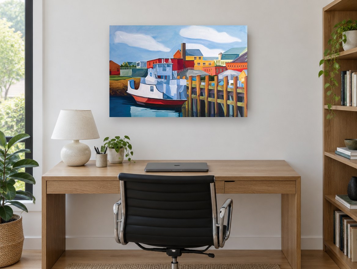 Red Hull Harbour Ferry coastal canvas print on the wall of a study
