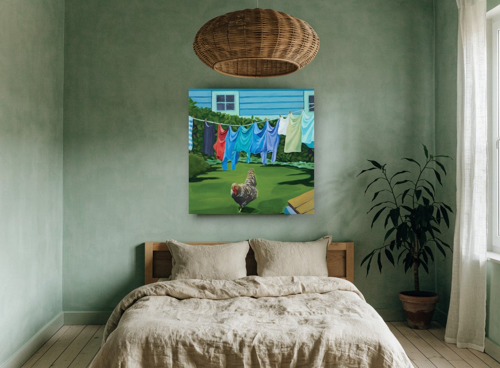 Rooster on Washing Day landscape canvas print on the wall of a bedroom