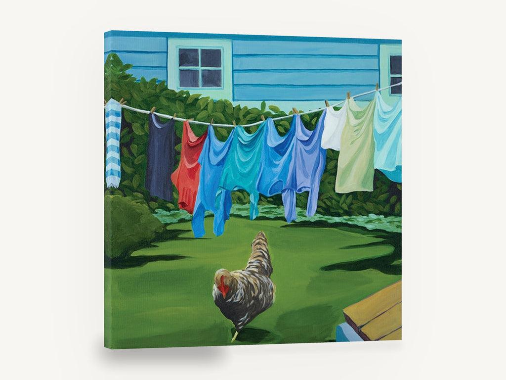 Rooster on Washing Day, backyard rooster washing line painting, landscape canvas wall art print ready to hang