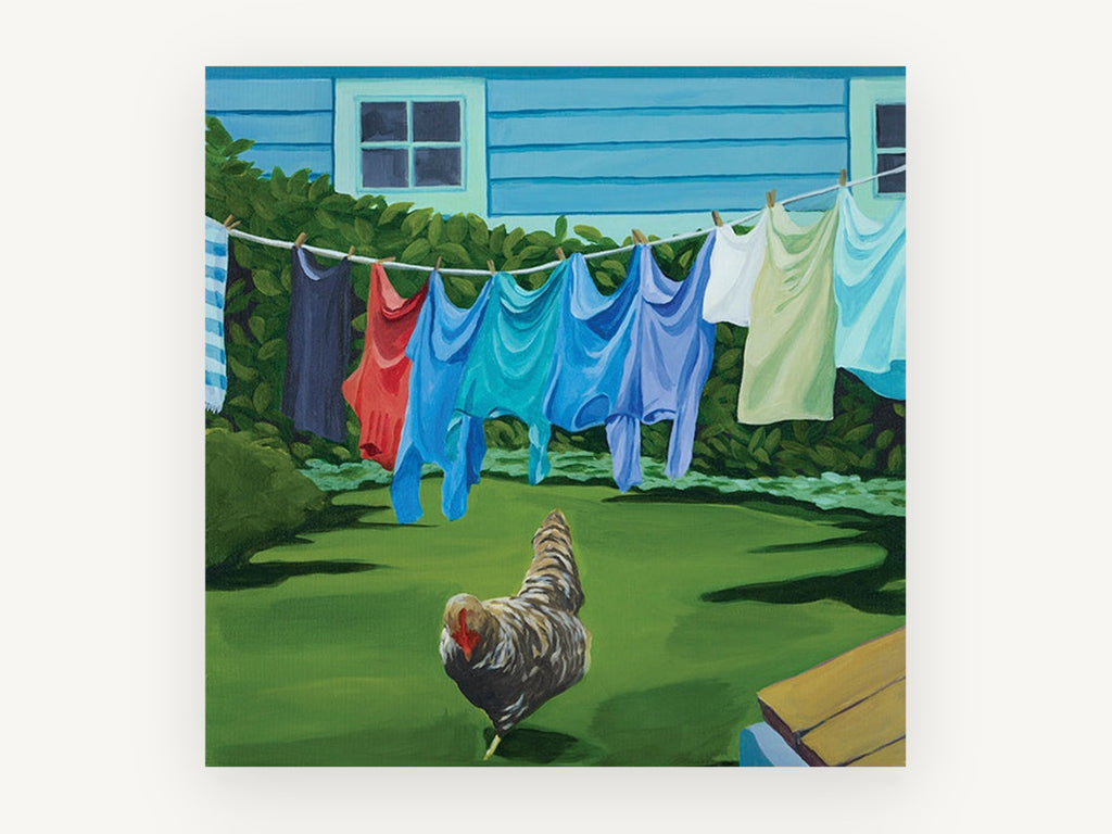 Rooster on Washing Day, backyard rooster washing line painting, landscape canvas wall art print, front view