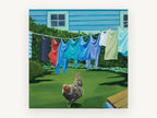 Rooster on Washing Day, backyard rooster washing line painting, landscape canvas wall art print, front view