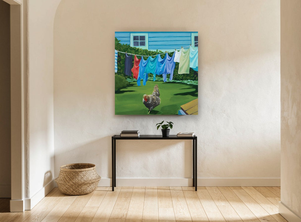 Rooster on Washing Day landscape canvas print on the wall of a hallway