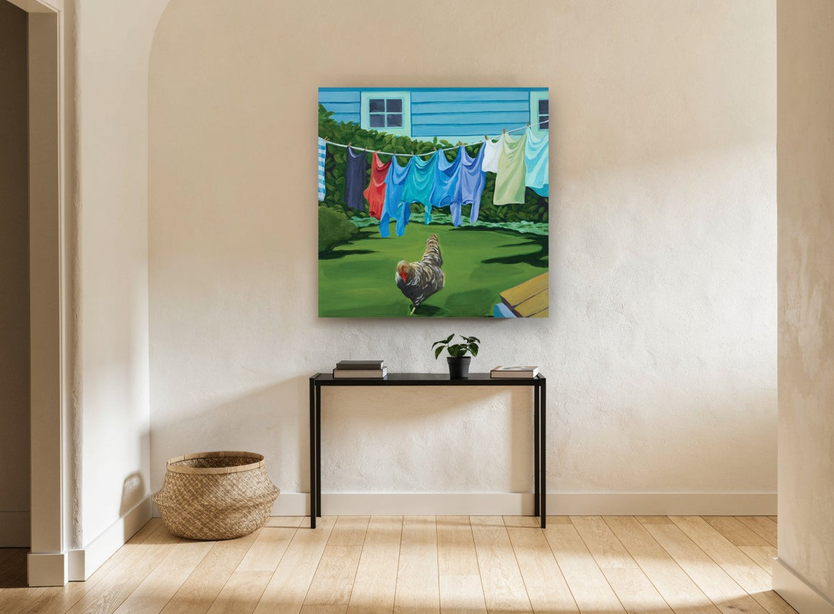 Rooster on Washing Day landscape canvas print on the wall of a hallway