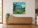 Rooster on Washing Day landscape canvas print on the wall of a living room above a sideboard