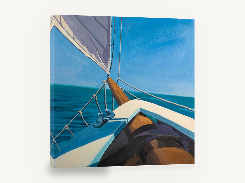 Bow Over Blue Water, sailboat bow ocean seascape painting, coastal canvas wall art print ready to hang