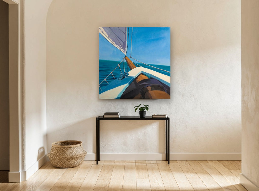 Bow Over Blue Water coastal canvas print on the wall of a hallway