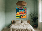 Harbour Dinghy Colour coastal canvas print on the wall of a bedroom