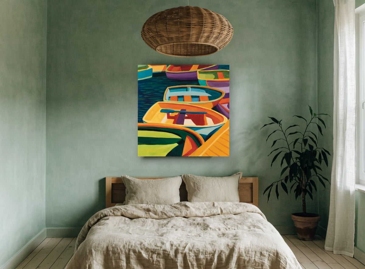 Harbour Dinghy Colour coastal canvas print on the wall of a bedroom