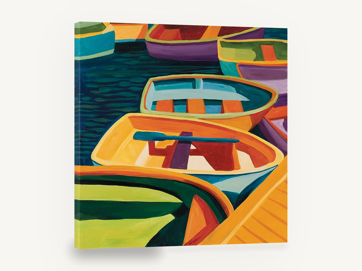 Harbour Dinghy Colour, colourful rowing dinghies harbour artwork, coastal canvas wall art print ready to hang