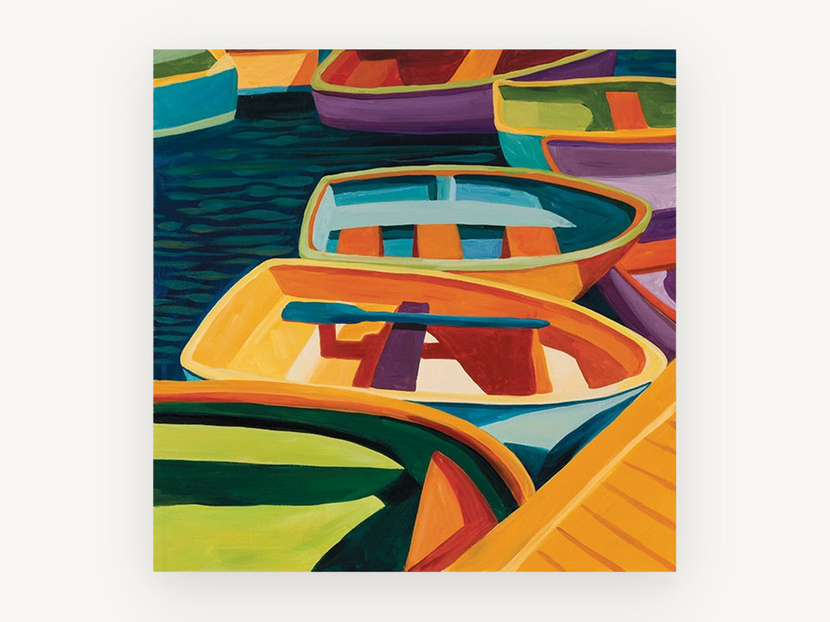 Harbour Dinghy Colour, coastal canvas wall art print, front view