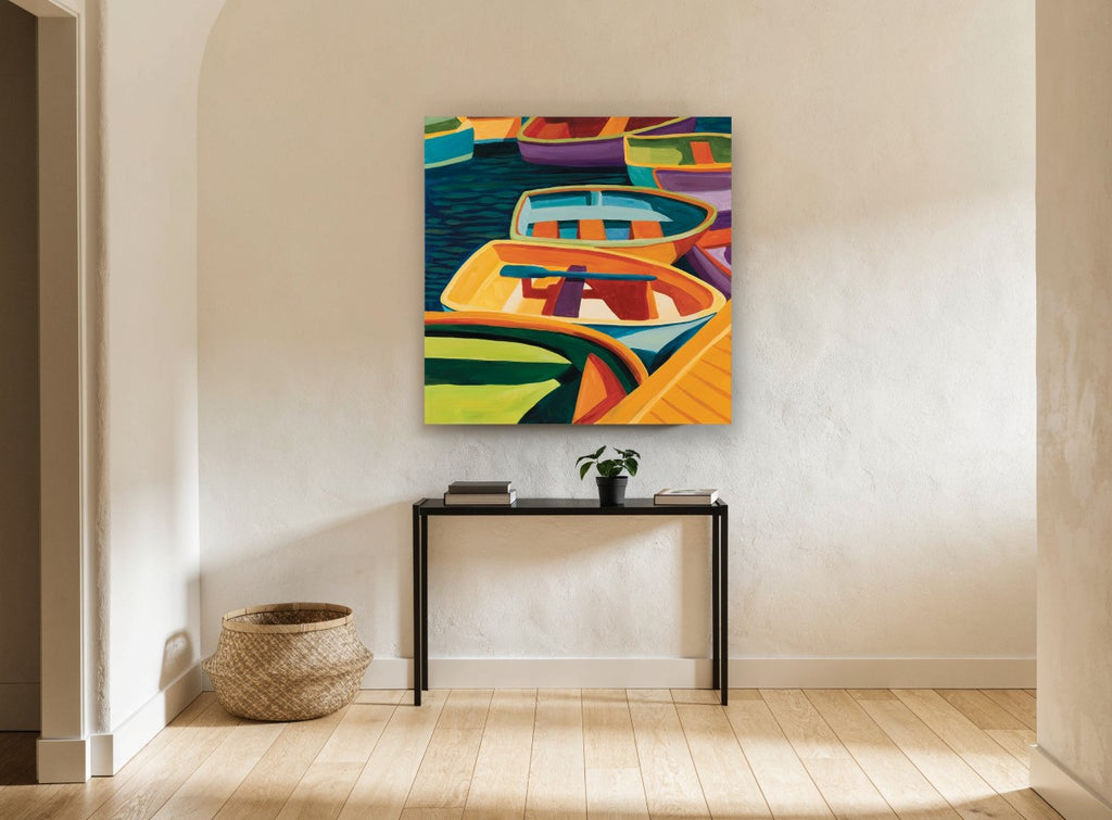 Harbour Dinghy Colour coastal canvas print on the wall of a hallway
