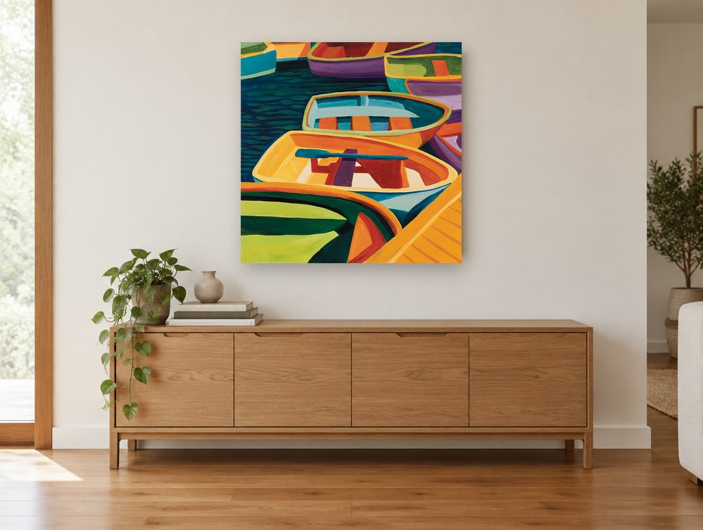 Harbour Dinghy Colour coastal canvas print on the wall of a living room above a sideboard