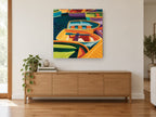 Harbour Dinghy Colour coastal canvas print on the wall of a living room above a sideboard