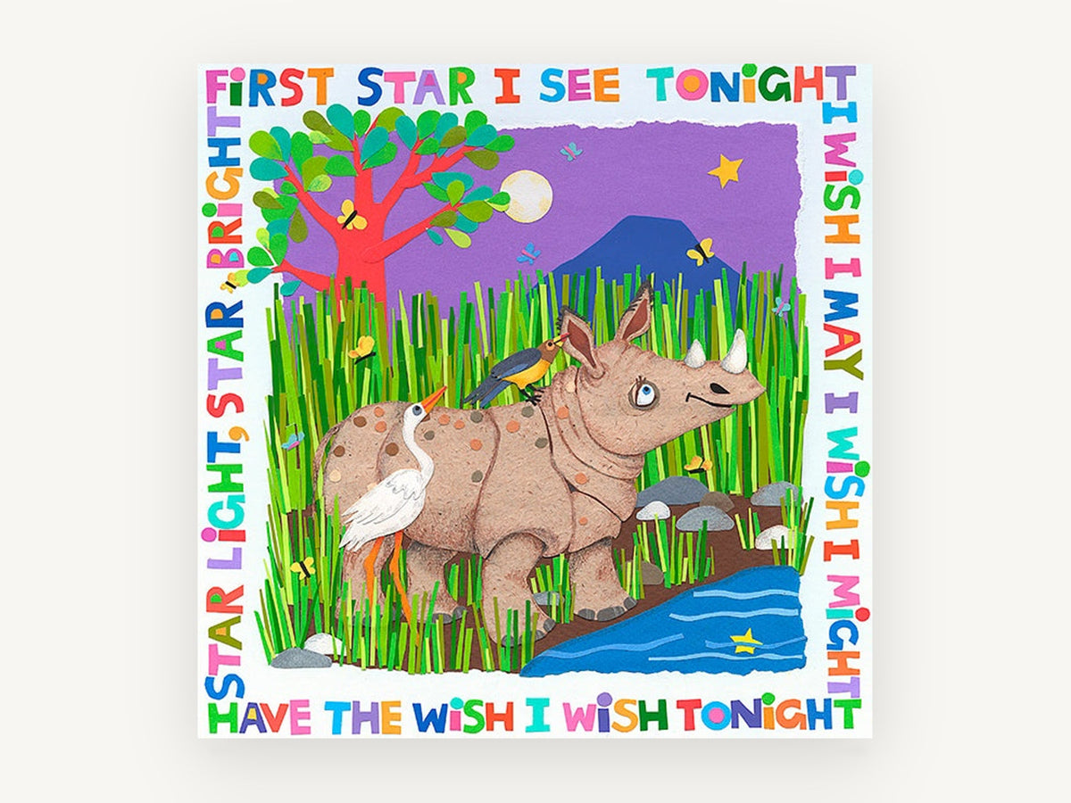 Rhino Wishing Star, rhino star wish nursery collage, animal canvas wall art print, front view