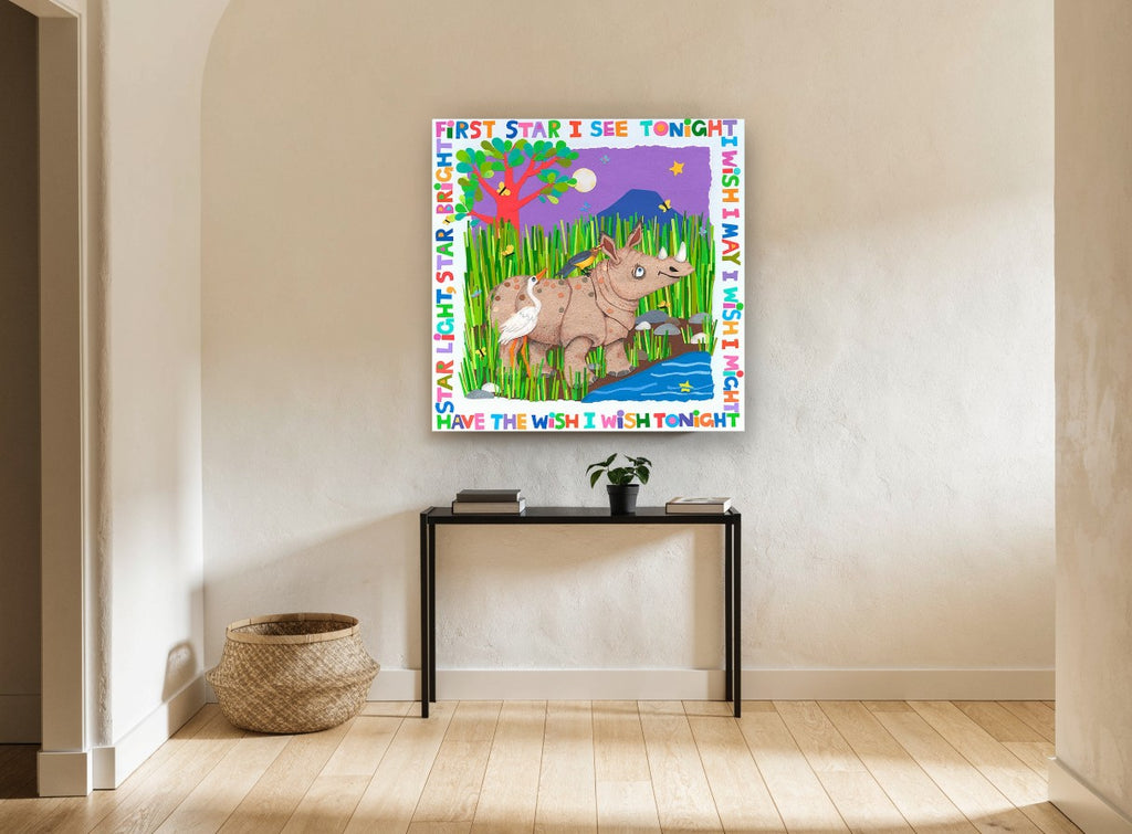 Rhino Wishing Star animal canvas print on the wall of a hallway