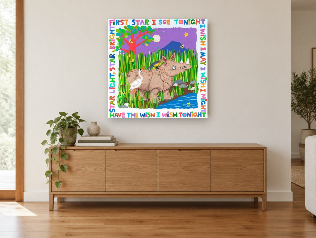 Rhino Wishing Star animal canvas print on the wall of a living room above a sideboard