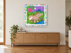 Rhino Wishing Star animal canvas print on the wall of a living room above a sideboard