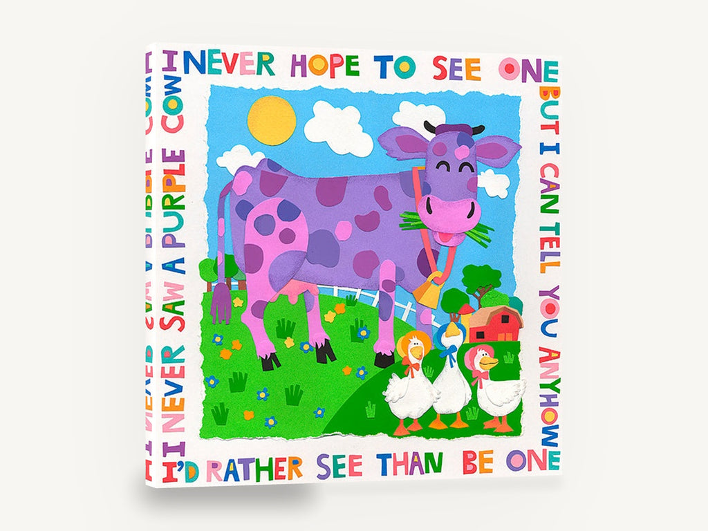 Purple Cow Poem, purple cow kids paper collage, animal canvas wall art print ready to hang