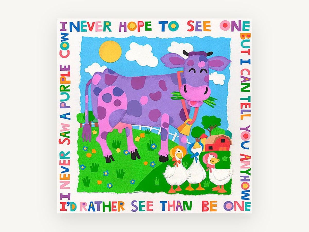 Purple Cow Poem, purple cow kids paper collage, animal canvas wall art print, front view