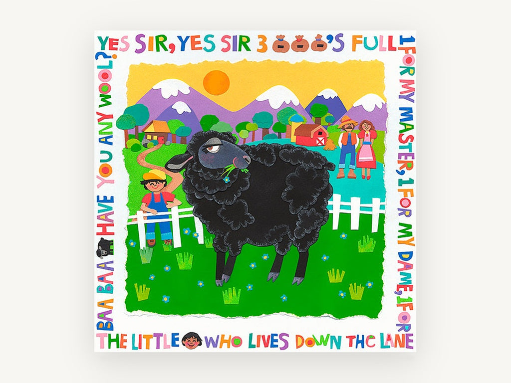 Black Sheep Nursery Rhyme, black sheep nursery rhyme collage, animal canvas wall art print, front view