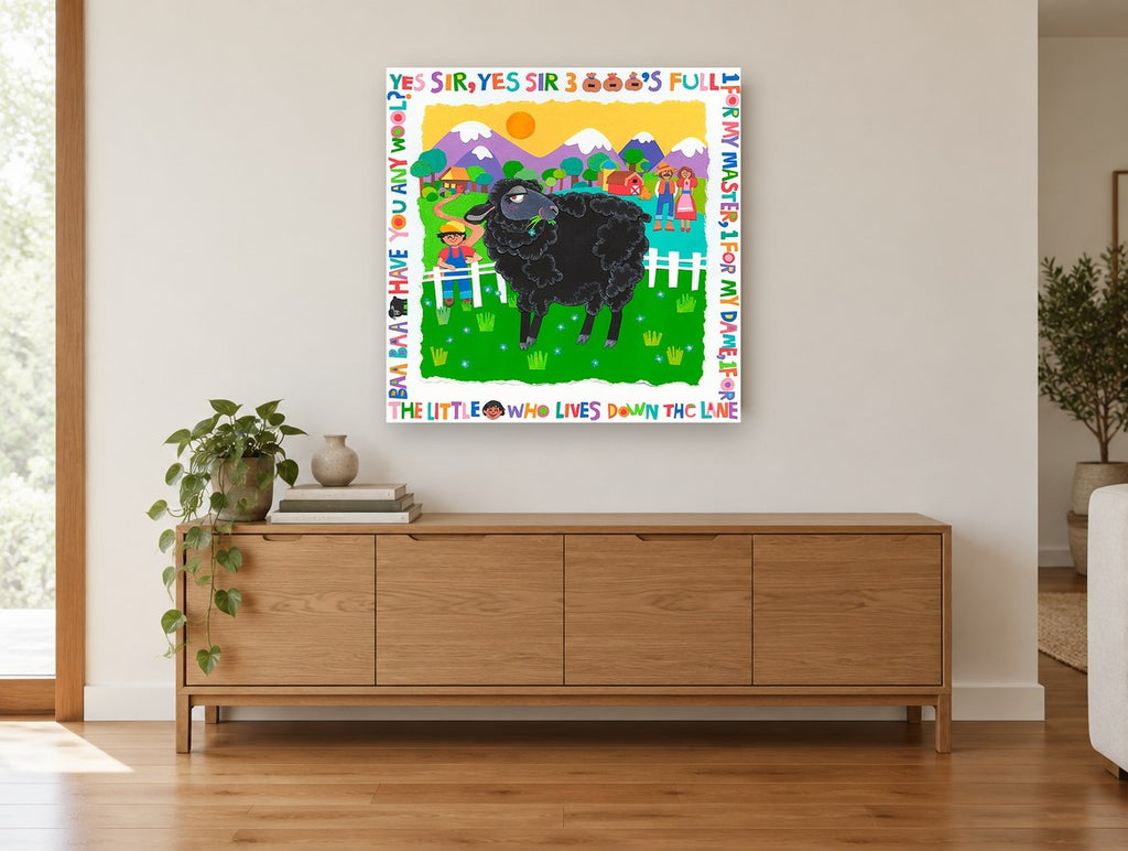 Black Sheep Nursery Rhyme animal canvas print on the wall of a living room above a sideboard