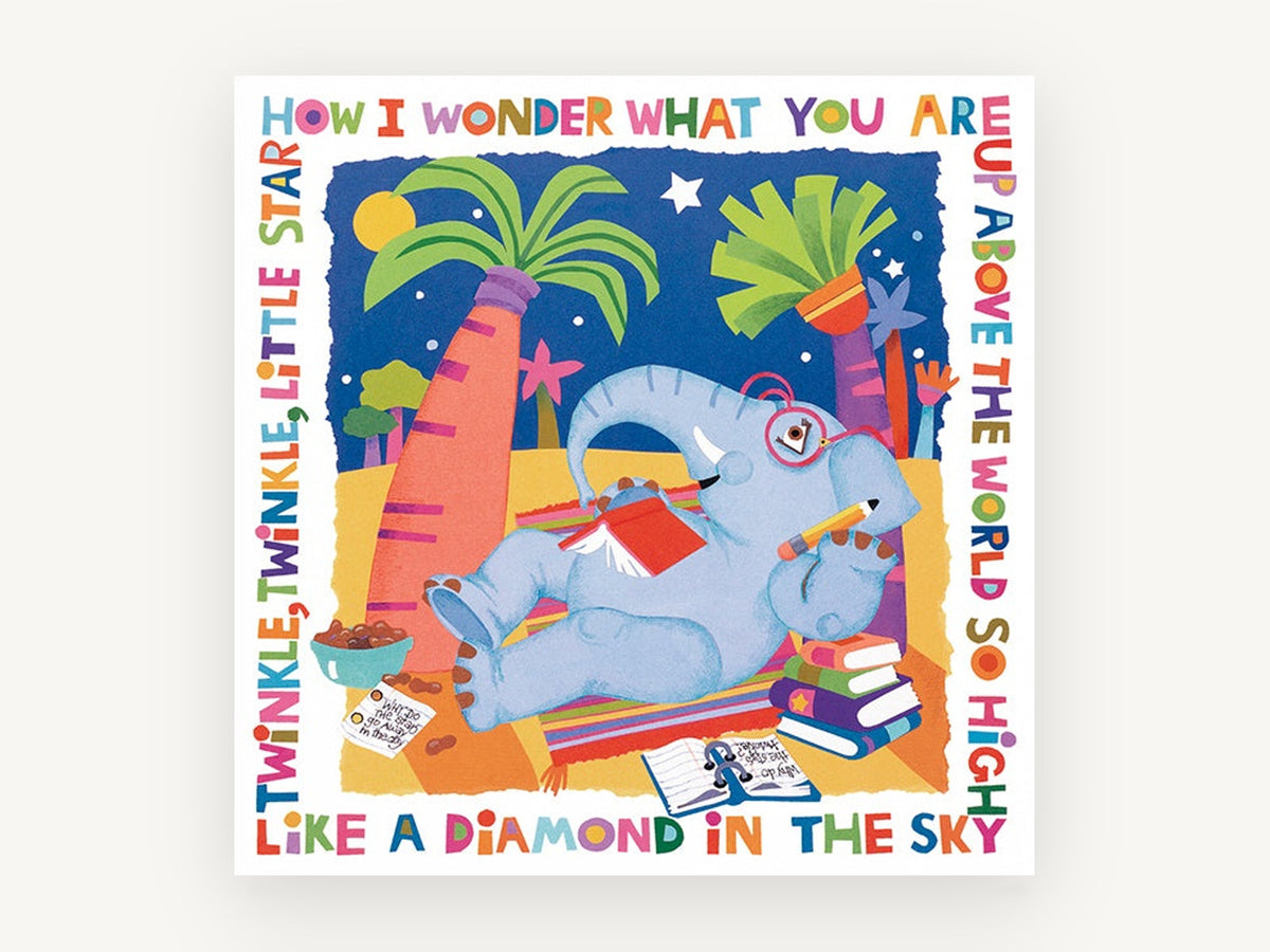 Stargazing Elephant Rhyme, elephant twinkle twinkle nursery illustration, animal canvas wall art print, front view