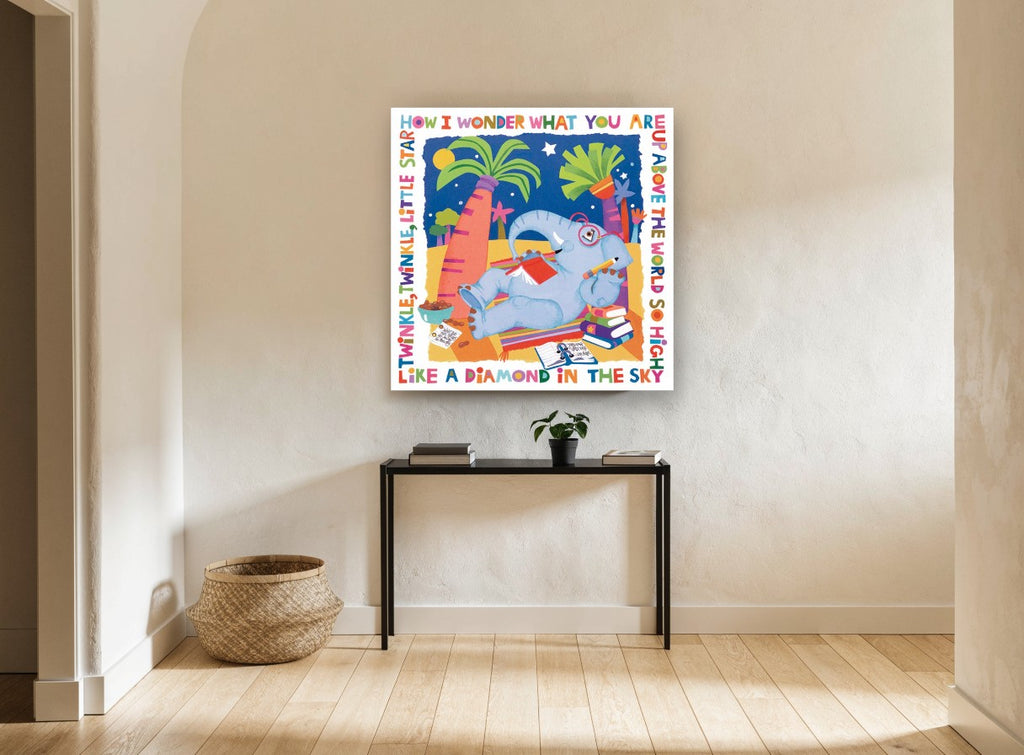 Stargazing Elephant Rhyme animal canvas print on the wall of a hallway