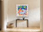 Stargazing Elephant Rhyme animal canvas print on the wall of a hallway