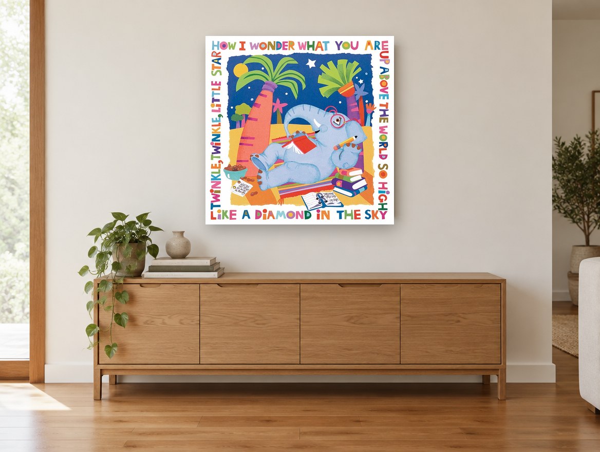 Stargazing Elephant Rhyme animal canvas print on the wall of a living room above a sideboard
