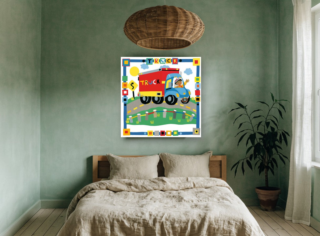 Waving Truck Driver kids canvas print on the wall of a bedroom