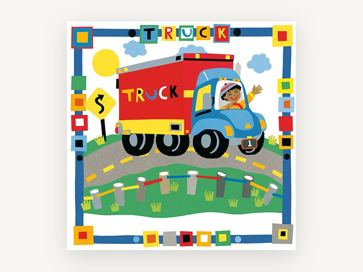 Waving Truck Driver, red blue truck kids illustration, kids canvas wall art print, front view