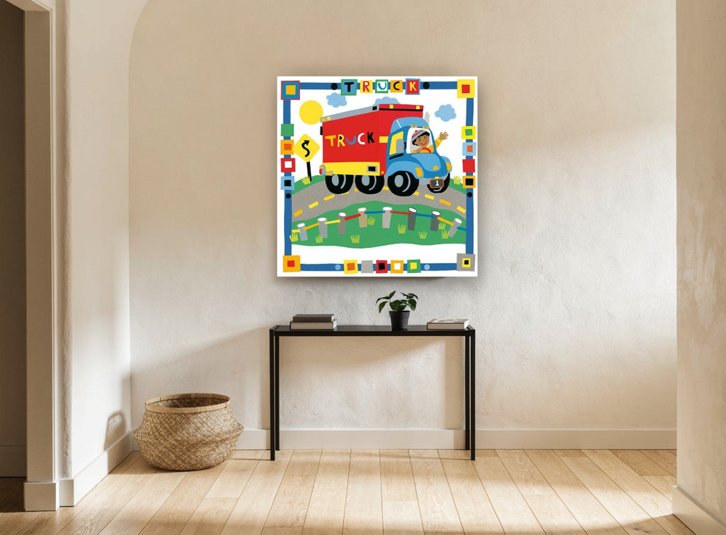 Waving Truck Driver kids canvas print on the wall of a hallway