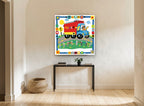 Waving Truck Driver kids canvas print on the wall of a hallway