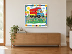 Waving Truck Driver kids canvas print on the wall of a living room above a sideboard