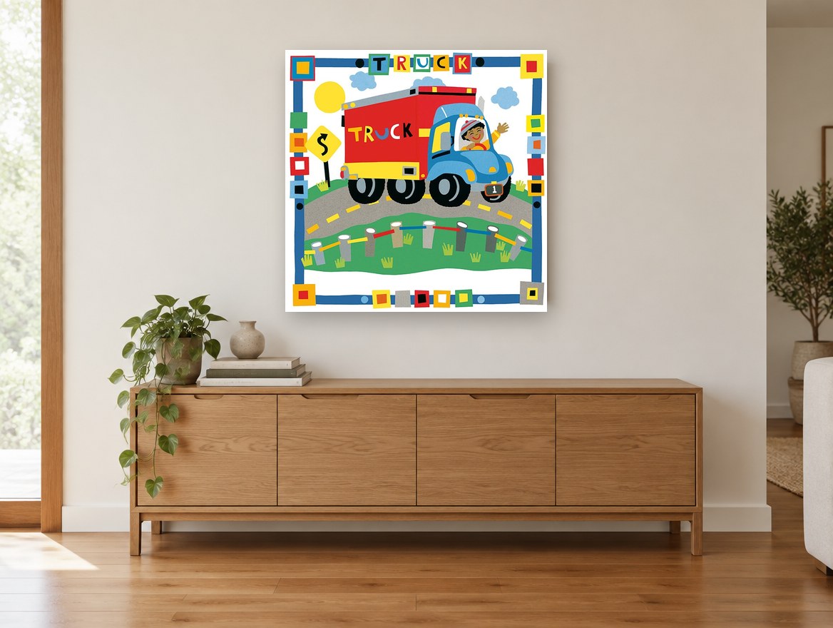 Waving Truck Driver kids canvas print on the wall of a living room above a sideboard