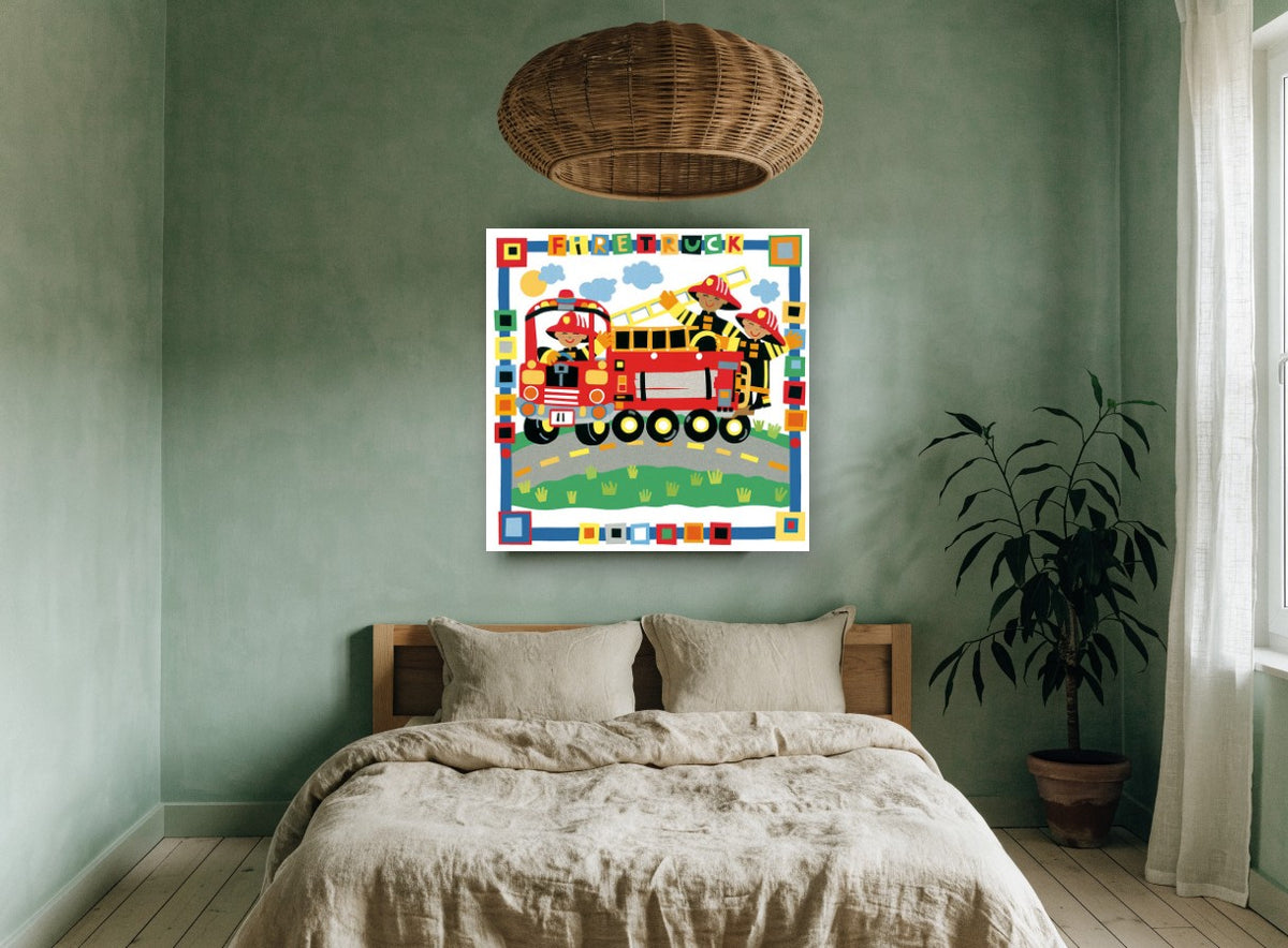Firefighters on Parade kids canvas print on the wall of a bedroom