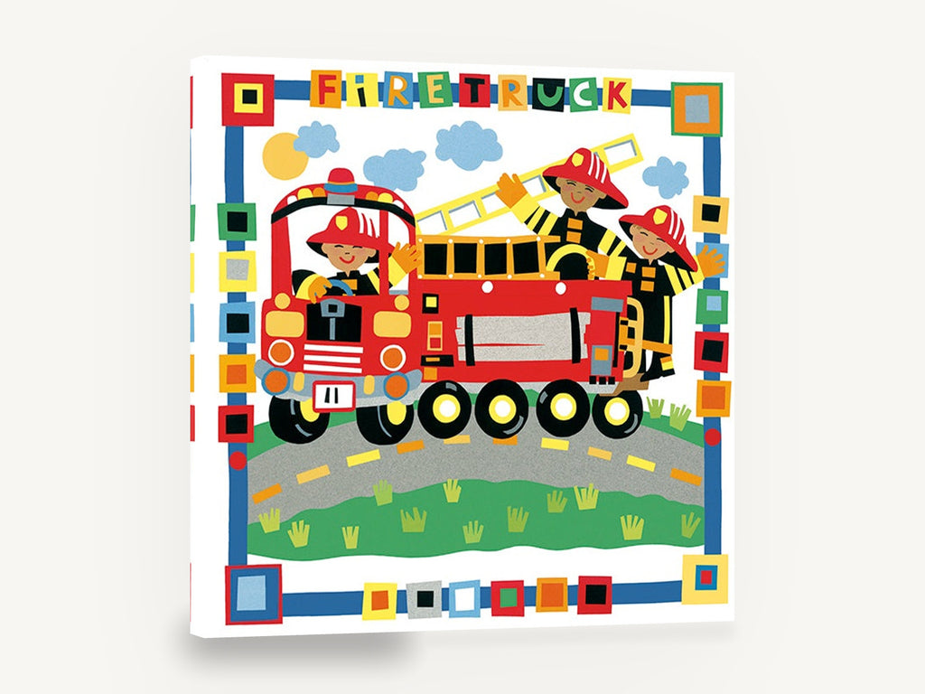 Firefighters on Parade, red fire truck kids cut paper illustration, kids canvas wall art print ready to hang