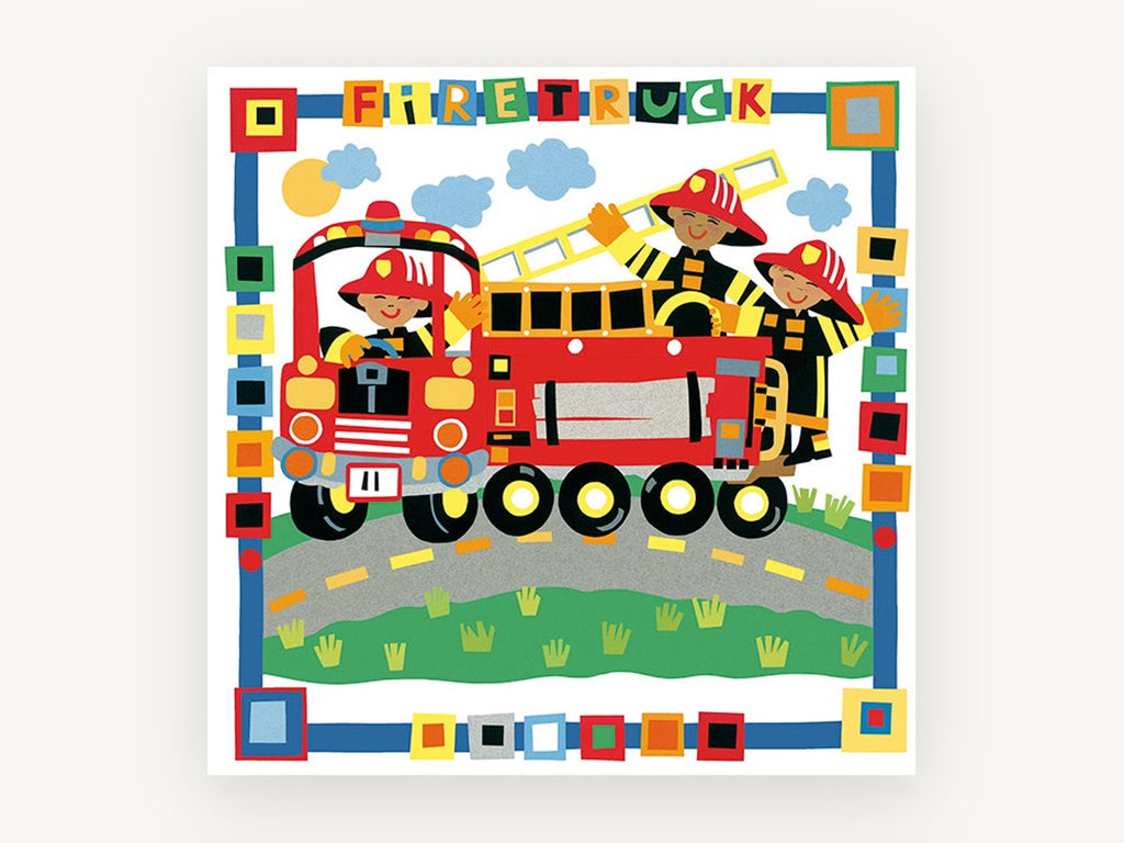 Firefighters on Parade, red fire truck kids cut paper illustration, kids canvas wall art print, front view