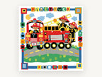Firefighters on Parade, red fire truck kids cut paper illustration, kids canvas wall art print, front view