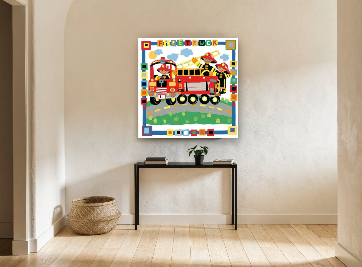 Firefighters on Parade kids canvas print on the wall of a hallway
