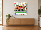Firefighters on Parade kids canvas print on the wall of a living room above a sideboard
